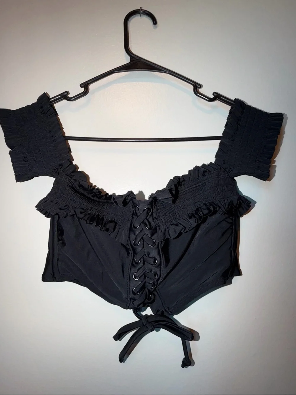 Black Ruffled Lace-Up swim top
